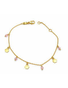 Pulsera infantil con colgantes forma floral y cuentas Rosas - Oro Amarillo 18K