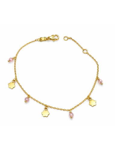 Pulsera infantil con colgantes forma floral y cuentas Rosas - Oro Amarillo 18K