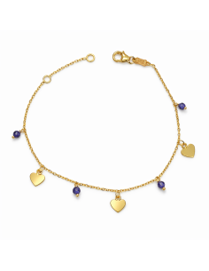 Pulsera infantil con colgantes de corazones y cuentas moradas - Oro Amarillo 18K