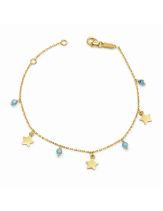 Pulsera infantil con colgantes de estrellas y cuentas celestes - Oro Amarillo 18K