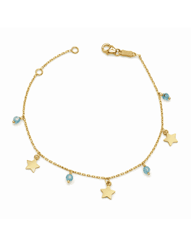 Pulsera infantil con colgantes de estrellas y cuentas celestes - Oro Amarillo 18K