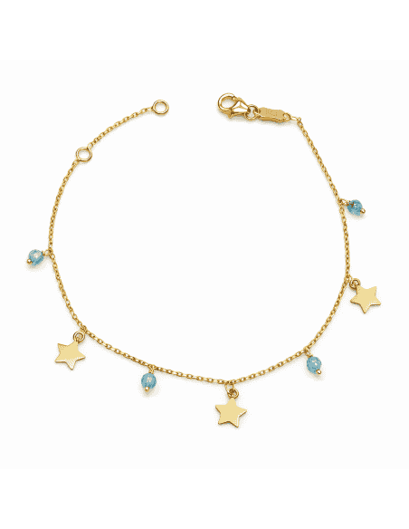 Pulsera infantil con colgantes de estrellas y cuentas celestes - Oro Amarillo 18K