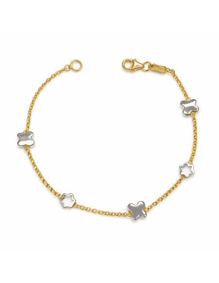 Pulsera infantil con mariposas y estrellas caladas - Oro Amarillo y Blanco 18K