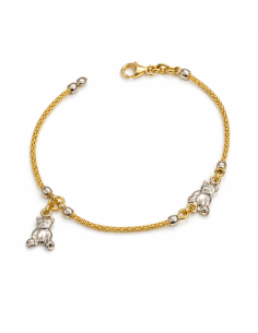 Pulsera infantil bicolor con ositos - Oro amarillo y Blanco 18K