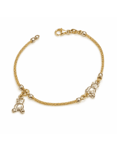 Pulsera infantil bicolor con ositos - Oro amarillo y Blanco 18K