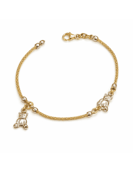 Pulsera infantil bicolor con ositos - Oro amarillo y Blanco 18K