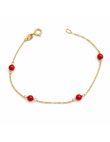 Pulsera infantil cadena y bolitas de coral  - Oro amarillo 18K