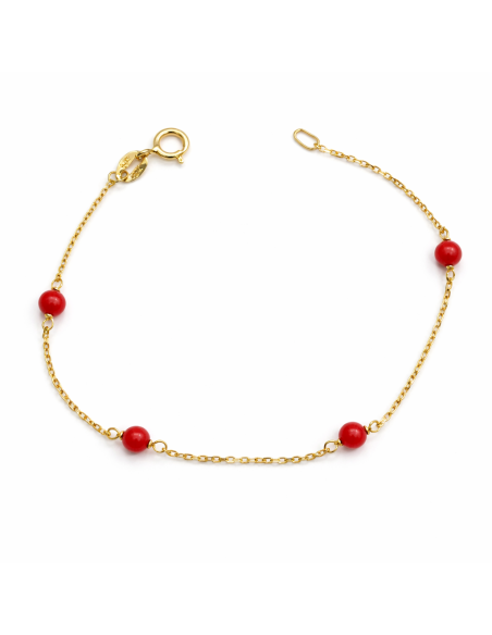 Pulsera infantil cadena y bolitas de coral  - Oro amarillo 18K