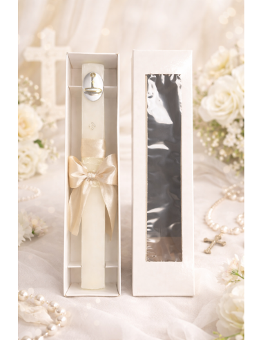 Vela de Bautizo Personalizada con Chapa de Plata de Primera Ley y Lazo Elegante - GA1136