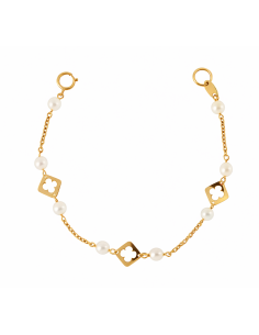 Pulsera infantil con flores caladas y perlas blancas - Oro Amarillo 18k