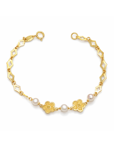 Pulsera infantil Floral con Perlas  - Oro amarillo 18K