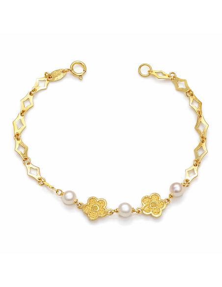 Pulsera infantil Floral con Perlas  - Oro amarillo 18K