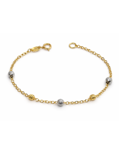 Pulsera infantil Bicolor con Bolitas Diamantadas - Oro amarillo y Blanco 18K