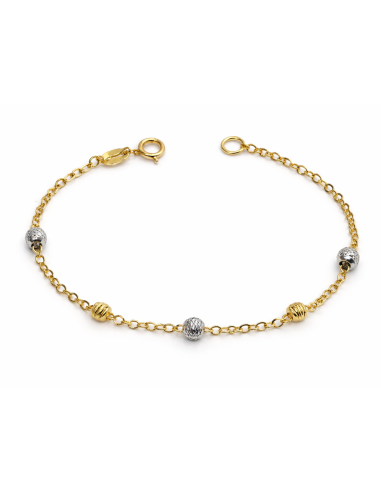 Pulsera infantil Bicolor con Bolitas Diamantadas - Oro amarillo y Blanco 18K