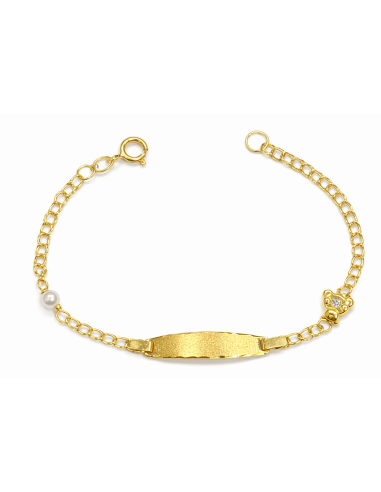 Pulsera Esclava infantil Perla y Osito con Circonita - Oro Amarillo 18K