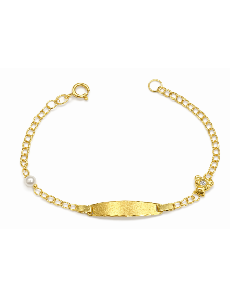 Pulsera Esclava infantil Perla y Osito con Circonita - Oro Amarillo 18K