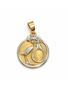 Colgante Bebé Oro Bicolor Cigüeña con Bebé - Oro Amarillo y Blanco