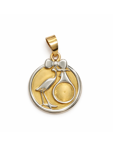 Colgante Bebé Oro Bicolor Cigüeña con Bebé - Oro Amarillo y Blanco