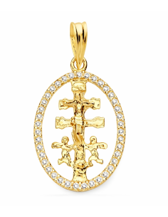 Colgante Cruz de Caravaca con cerco de circonitas - Oro amarillo 18k