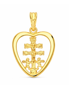 Colgante Cruz de Caravaca de Oro Cerco Corazón - Oro Amarillo 18K