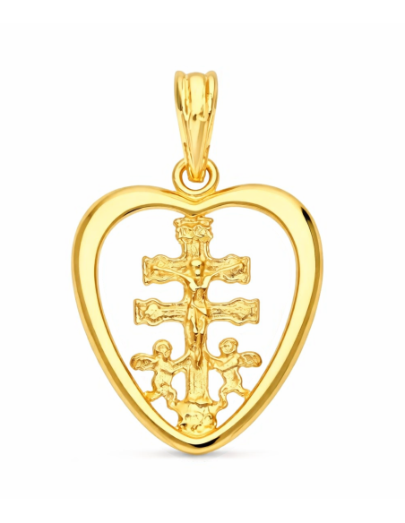 Colgante Cruz de Caravaca de Oro Cerco Corazón - Oro Amarillo 18K