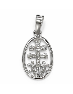 Colgante Cruz Caravaca con Cerco forma Oval - Oro Blanco 18K
