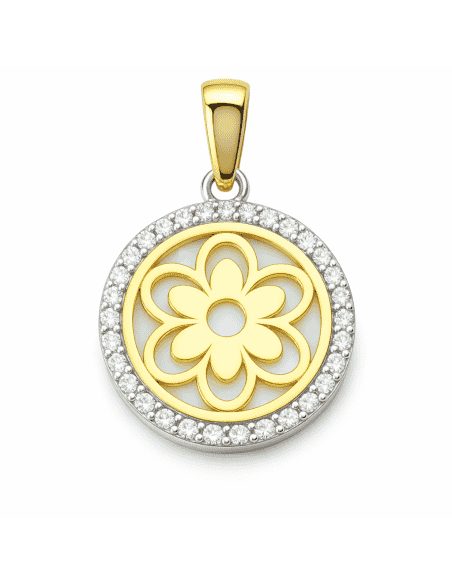 Colgante Flor con circonitas y nácar - Oro Amarillo y Blanco 18K