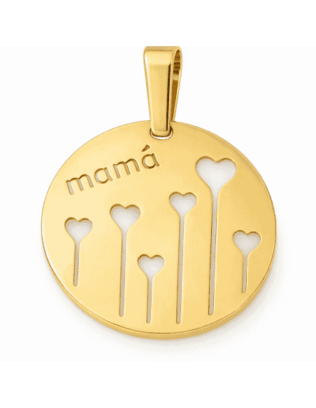 Colgante con la Palabra “Mamá” y Corazones Calados - Oro Amarillo 18K