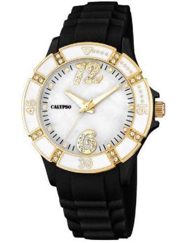 Reloj para Mujer con Correa Negra y Detalles Dorados con Circonitas - Calypso K5650/4