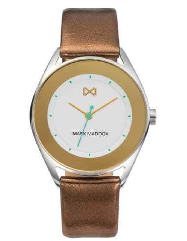 Reloj para Mujer con Correa de Piel Marrón y Esfera Blanca con Detalles Dorados - Mark Maddox MC7104-06