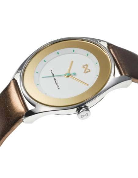 Reloj para Mujer con Correa de Piel Marrón y Esfera Blanca con Detalles Dorados - Mark Maddox MC7104-06