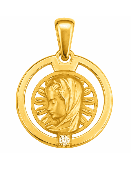 Medalla Virgen Niña con Brillante en su Base - Oro Amarillo 18K