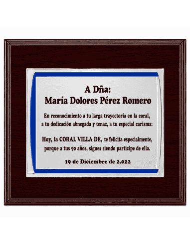 Placa Homenaje Aluminio Mate detalle Azul - ( Grabado Incluido)