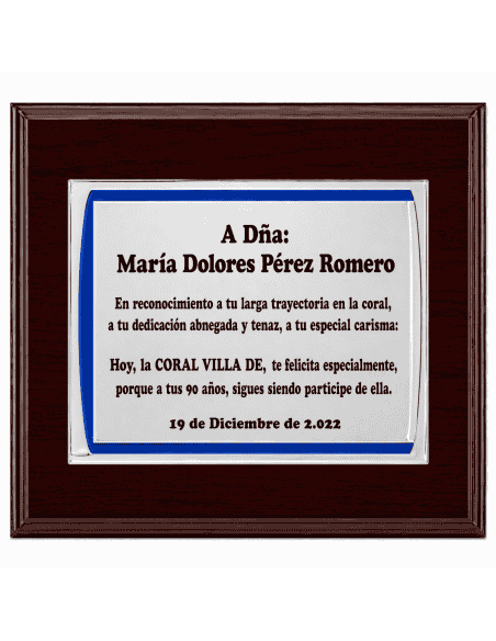 Placa Homenaje Aluminio Mate detalle Azul - ( Grabado Incluido)