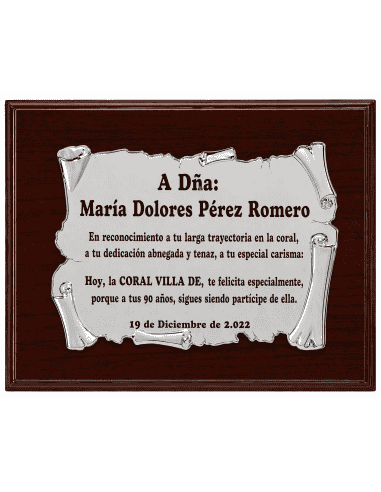 Placa Homenaje Aluminio Forma Pergamino Mate. ( Grabado Incluido)