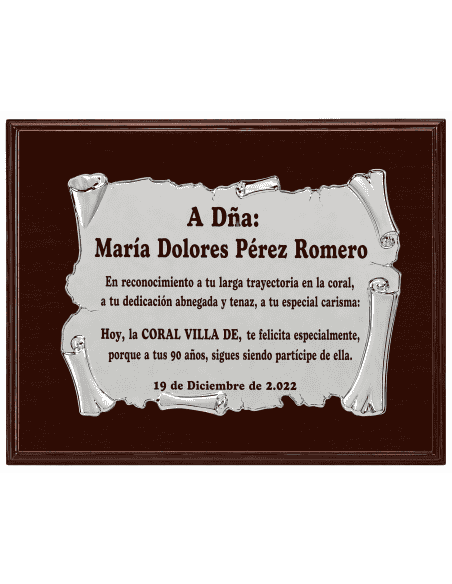 Placa Homenaje Aluminio Forma Pergamino Mate. ( Grabado Incluido)