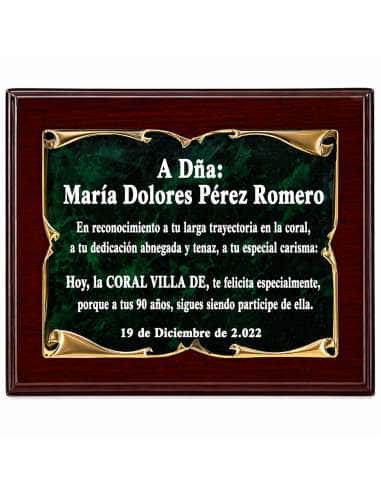 Placa Homenaje Aluminio Pergamino Dorado Fondo Esmalte Verde ( Grabado Incluido)