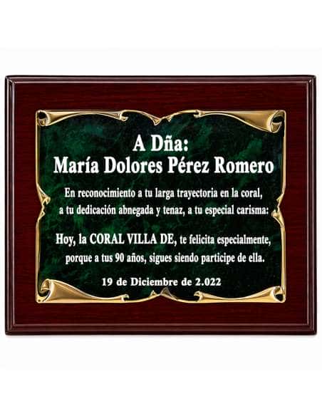 Placa Homenaje Aluminio Pergamino Dorado Fondo Esmalte Verde ( Grabado Incluido)