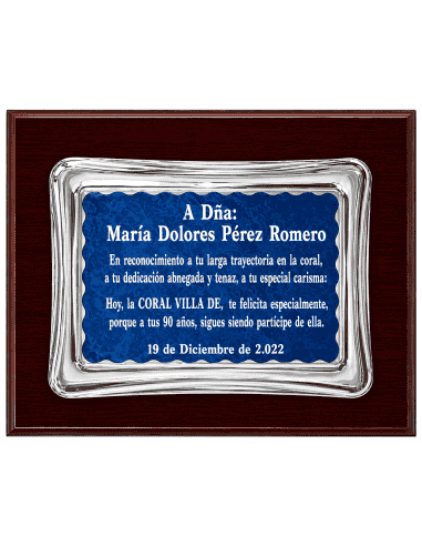 Placa Homenaje Aluminio doble Chapa con Forma Pergamino Azul  ( Grabado Incluido)