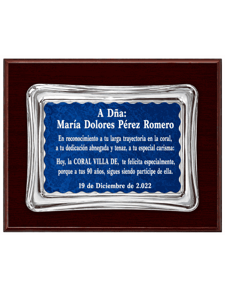 Placa Homenaje Aluminio doble Chapa con Forma Pergamino Azul  ( Grabado Incluido)