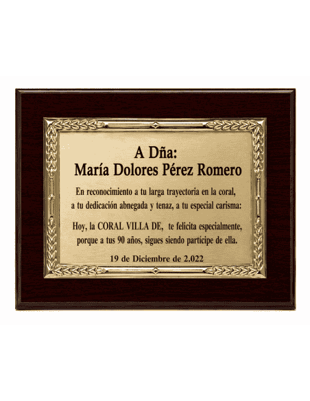 Placa Homenaje Aluminio Dorado con espigas de trigo ( Grabado Incluido)
