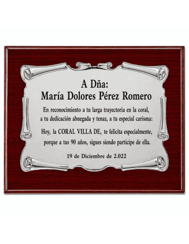 Placa de Homenaje Aluminio con Forma de Pergamino ( Grabado Incluido)