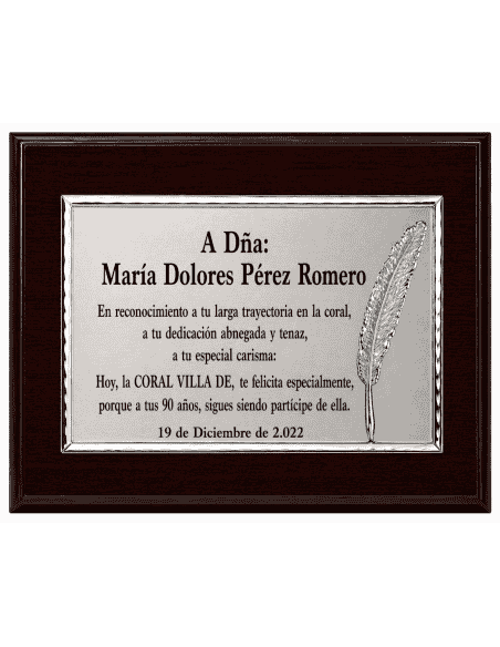 Placa Homenaje Plata Bilaminada Pluma - Global Argenti P2027-1 (Grabado incluido)