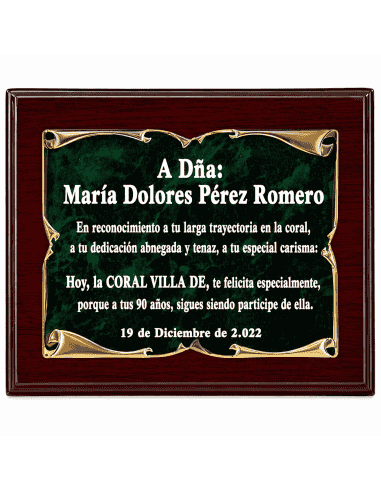 Placa Homenaje Aluminio Pergamino Dorado Fondo Esmalte Verde ( Grabado Incluido)