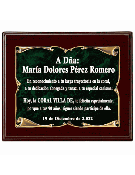 Placa Homenaje Aluminio Pergamino Dorado Fondo Esmalte Verde ( Grabado Incluido)