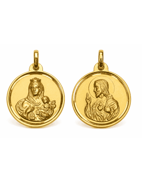 Medalla Escapulario Virgen del Carmen y Corazón de Jesús - Oro Amarillo 18k
