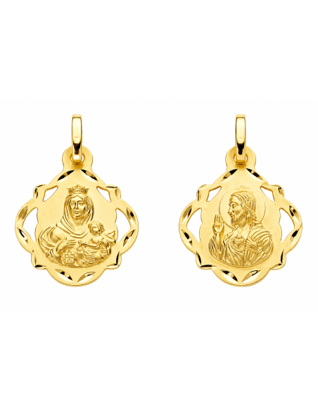 Medalla escapulario con forma Virgen del Carmen y corazón de jesús - Oro Amarillo 18k