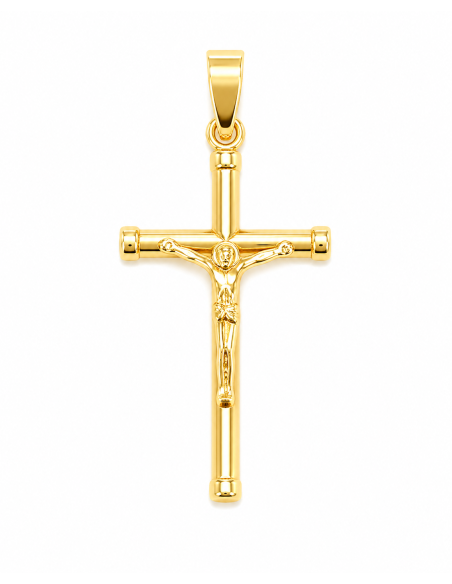 Colgante Cruz Clásica Tubo con Cristo - Oro Amarillo 18K