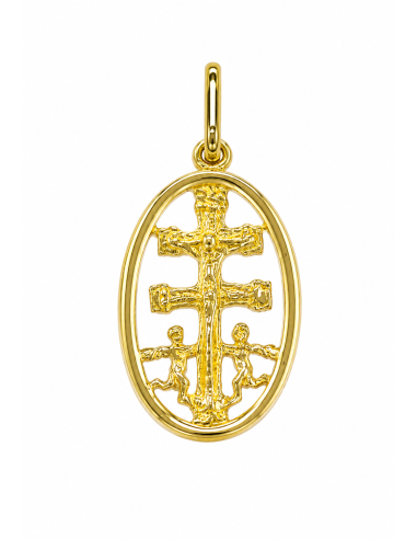 Colgante Cruz Caravaca con Cerco forma Oval - Oro Amarillo 18K