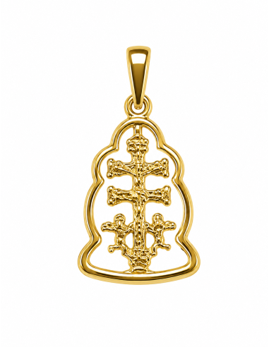 Colgante Cruz Caravaca con Cerco forma Ondulada - Oro Amarillo 18K